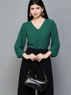 Classic Dark Green V-Neck Buttoned Balloon Sleeve Blouse